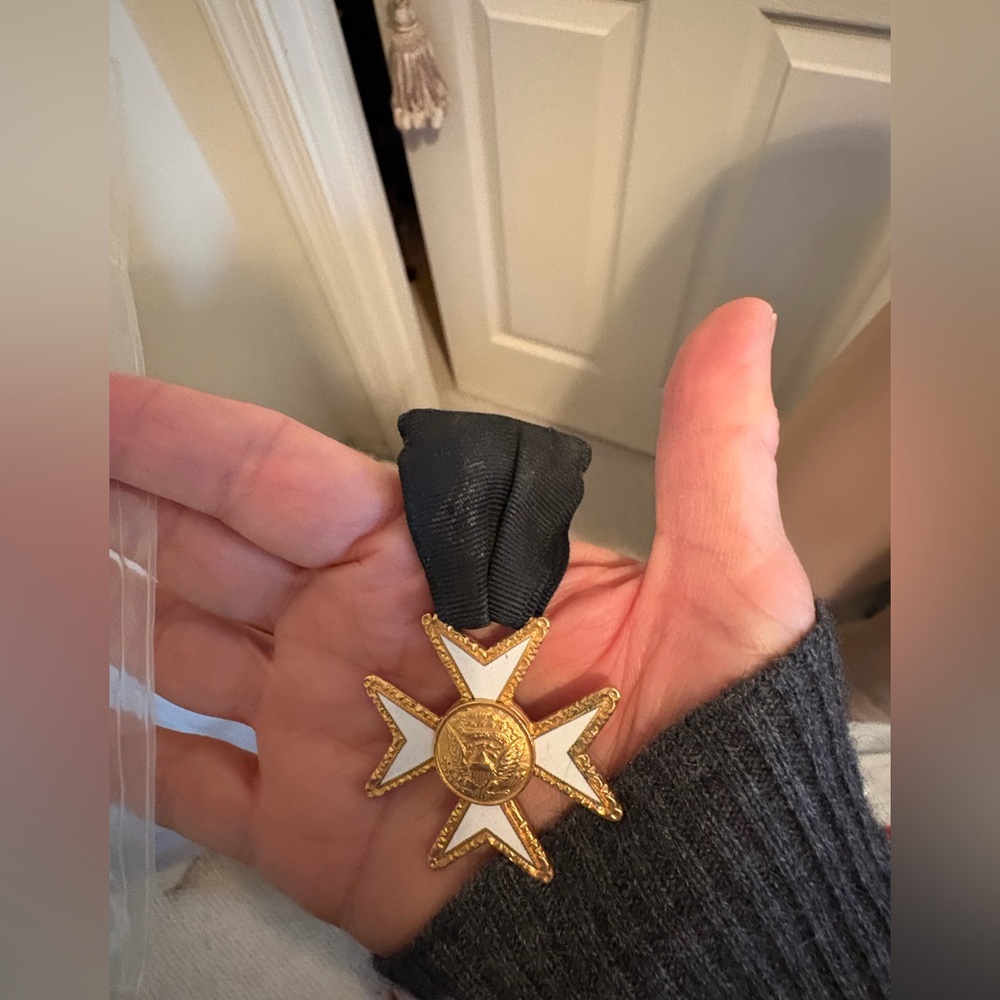 Vintage White Maltese Cross with Eagle Gold and White Medal with Black Ribbon